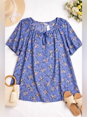 NEW ‼️Daniel Rainn 5X Floral Blouse Blue Cotton Plus Size Boho 🌼 Spring Top